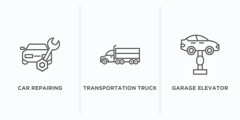 mechanicons outline icons set. thin line icons such as car repairing, transportation truck, garage elevator vector. linear icon sheet can be used web and mobile