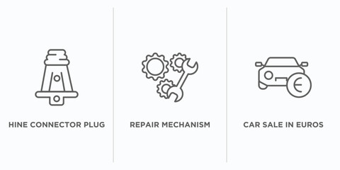 mechanicons outline icons set. thin line icons such as hine connector plug, repair mechanism, car sale in euros vector. linear icon sheet can be used web and mobile