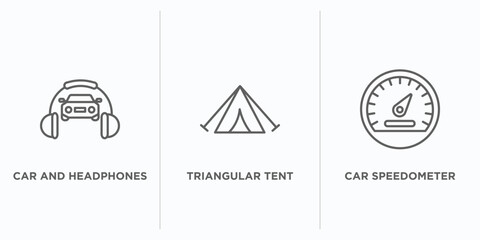 mechanicons outline icons set. thin line icons such as car and headphones, triangular tent, car speedometer vector. linear icon sheet can be used web and mobile