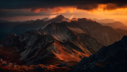 Majestic mountain range, tranquil sunset silhouette generated by AI