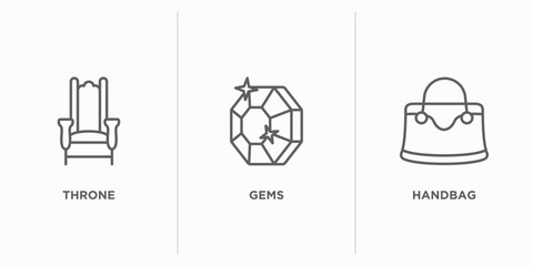 luxury outline icons set. thin line icons such as throne, gems, handbag vector. linear icon sheet can be used web and mobile