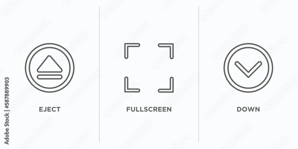 Poster interface outline icons set. thin line icons such as eject, fullscreen, down vector. linear icon she