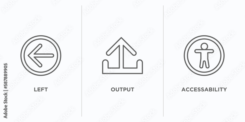 Poster interface outline icons set. thin line icons such as left, output, accessability vector. linear icon