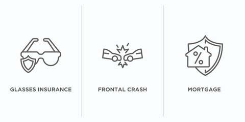 insurance outline icons set. thin line icons such as glasses insurance, frontal crash, mortgage vector. linear icon sheet can be used web and mobile
