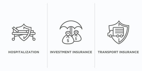 insurance outline icons set. thin line icons such as hospitalization, investment insurance, transport insurance vector. linear icon sheet can be used web and mobile