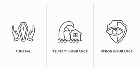 insurance outline icons set. thin line icons such as funeral, tsunami insurance, vision insurance vector. linear icon sheet can be used web and mobile