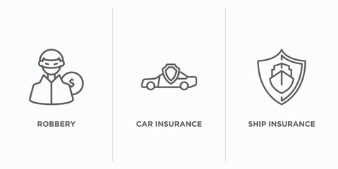 insurance outline icons set. thin line icons such as robbery, car insurance, ship insurance vector. linear icon sheet can be used web and mobile