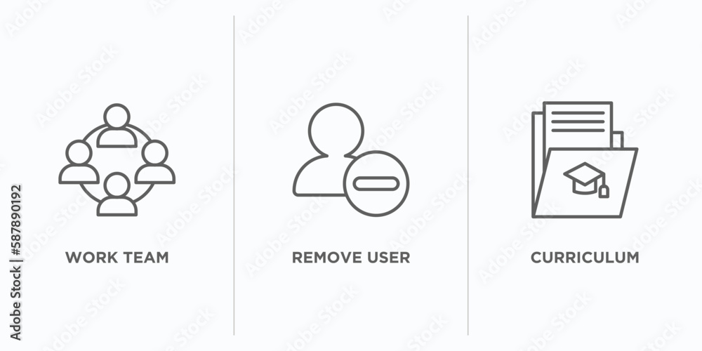 Poster human resources outline icons set. thin line icons such as work team, remove user, curriculum vector