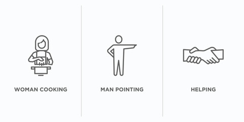 Fototapeta premium humans outline icons set. thin line icons such as woman cooking, man pointing, helping vector. linear icon sheet can be used web and mobile