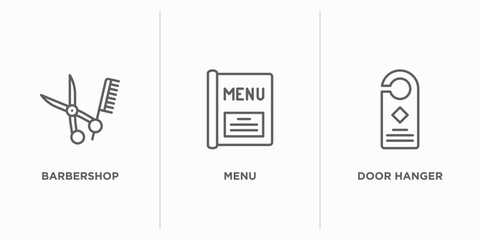 hotel and restaurant outline icons set. thin line icons such as barbershop, menu, door hanger vector. linear icon sheet can be used web and mobile