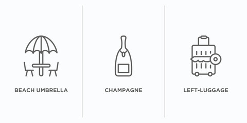 hotel and restaurant outline icons set. thin line icons such as beach umbrella, champagne, left-luggage vector. linear icon sheet can be used web and mobile