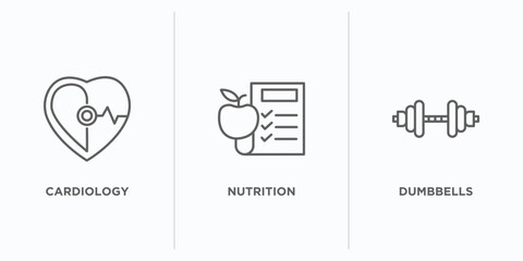 health and medical outline icons set. thin line icons such as cardiology, nutrition, dumbbells vector. linear icon sheet can be used web and mobile