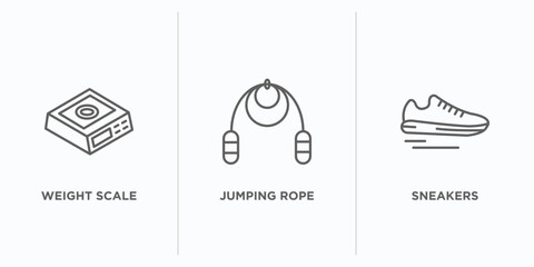 gym equipment outline icons set. thin line icons such as weight scale, jumping rope, sneakers vector. linear icon sheet can be used web and mobile