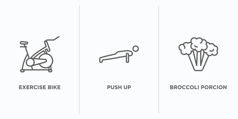 gym and fitness outline icons set. thin line icons such as exercise bike, push up, broccoli porcion vector. linear icon sheet can be used web and mobile