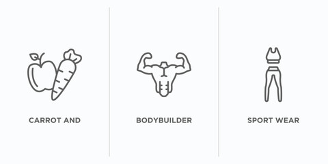 gym and fitness outline icons set. thin line icons such as carrot and, bodybuilder, sport wear vector. linear icon sheet can be used web and mobile