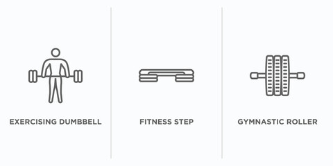 gym and fitness outline icons set. thin line icons such as exercising dumbbell, fitness step, gymnastic roller vector. linear icon sheet can be used web and mobile