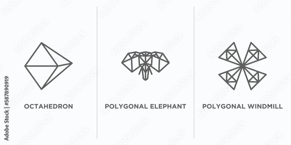 Poster geometry collection. outline icons set. thin line icons such as octahedron, polygonal elephant, poly
