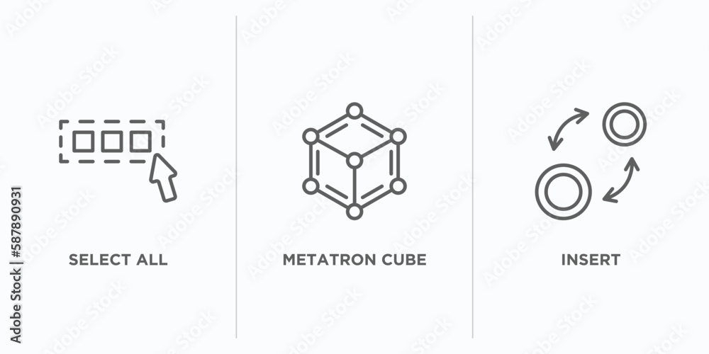 Poster geometry outline icons set. thin line icons such as select all, metatron cube, insert vector. linear