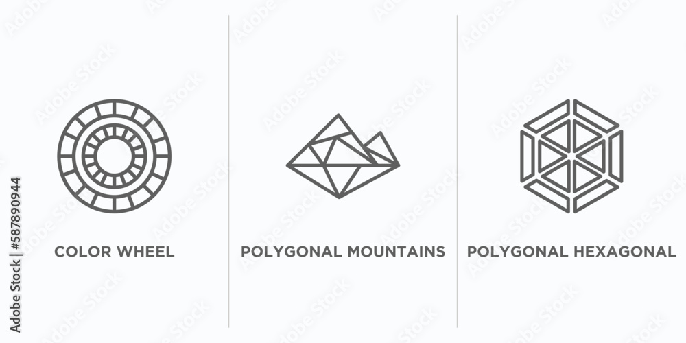 Poster geometry outline icons set. thin line icons such as color wheel, polygonal mountains, polygonal hexa