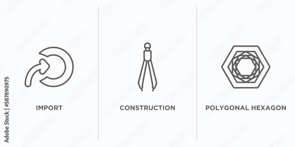 Poster geometry outline icons set. thin line icons such as import, construction, polygonal hexagon vector. 