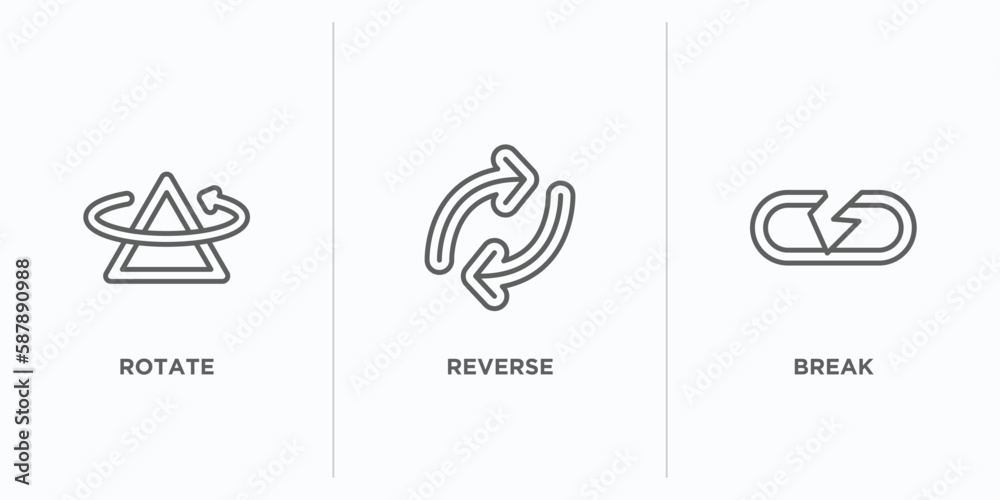 Poster geometry outline icons set. thin line icons such as rotate, reverse, break vector. linear icon sheet