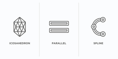 geometry outline icons set. thin line icons such as icosahedron, parallel, spline vector. linear icon sheet can be used web and mobile
