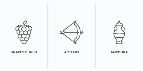 greece outline icons set. thin line icons such as grapes bunch, artemis, amphora vector. linear icon sheet can be used web and mobile