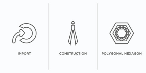 geometry outline icons set. thin line icons such as import, construction, polygonal hexagon vector. linear icon sheet can be used web and mobile