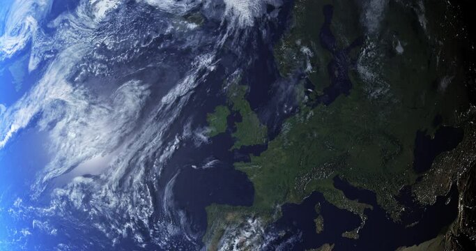 City, road and industrial buildings on planet earth above in zoom out of global traffic, urban environment or travel. Top view of cars traveling in town around globe in detail architecture world wide