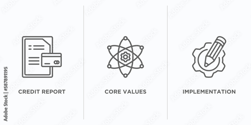 Poster general outline icons set. thin line icons such as credit report, core values, implementation vector
