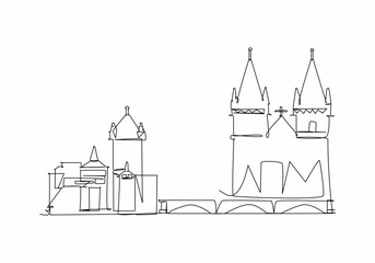 Fairytale castle. Hand drawn  vector illustration. Outline drawing sketch for kids coloring.