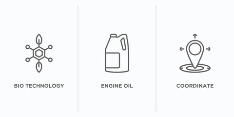 general outline icons set. thin line icons such as bio technology, engine oil, coordinate vector. linear icon sheet can be used web and mobile