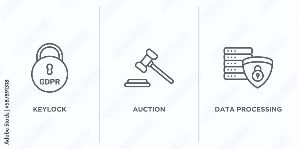Poster gdpr outline icons set. thin line icons such as keylock, auction, data processing vector. linear ico