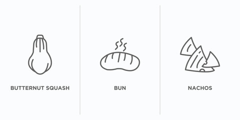 gastronomy outline icons set. thin line icons such as butternut squash, bun, nachos vector. linear icon sheet can be used web and mobile