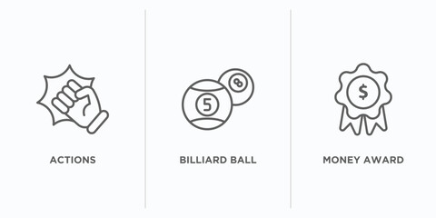 gaming outline icons set. thin line icons such as actions, billiard ball, money award vector. linear icon sheet can be used web and mobile