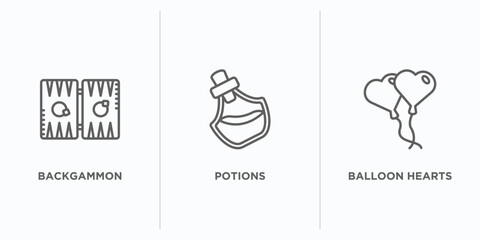 gaming outline icons set. thin line icons such as backgammon, potions, balloon hearts vector. linear icon sheet can be used web and mobile