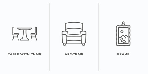 furniture outline icons set. thin line icons such as table with chair, armchair, frame vector. linear icon sheet can be used web and mobile