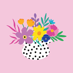 beautiful flower in vas vector illustration. colored flower with leaves. flower arrangement, bouquet flower