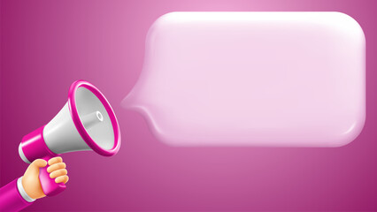 Hand with megaphone speaker on pink background. Banner template with conceptual design for advertising of sale, discounts, digital marketing etc. Vector 3d realistic illustration