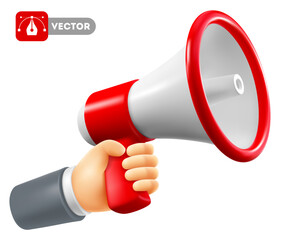 Hand holds red and white colored megaphone, isolated on white background. Vector 3d realistic illustration