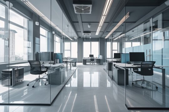 Illustration of an empty modern office space with glass walls and sleek desks. Generative AI