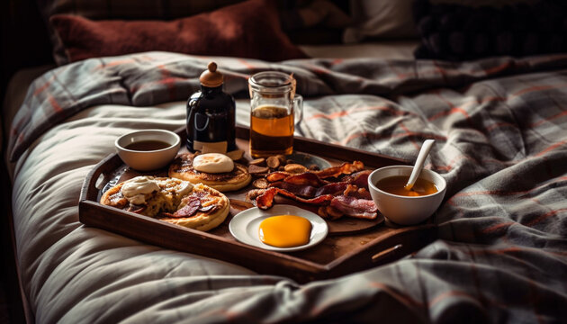 Comfortable bed, indulgent still life eating gourmet generated by AI
