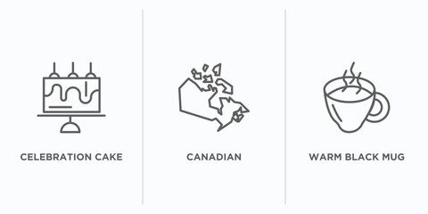 food outline icons set. thin line icons such as celebration cake, canadian, warm black mug vector. linear icon sheet can be used web and mobile