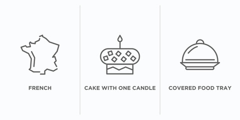 food outline icons set. thin line icons such as french, cake with one candle, covered food tray vector. linear icon sheet can be used web and mobile