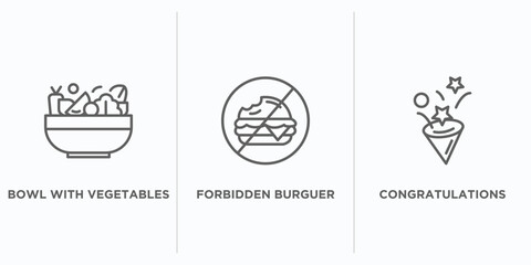 food outline icons set. thin line icons such as bowl with vegetables, forbidden burguer, congratulations vector. linear icon sheet can be used web and mobile