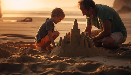 Father and son share laughter building sandcastles generated by AI - obrazy, fototapety, plakaty