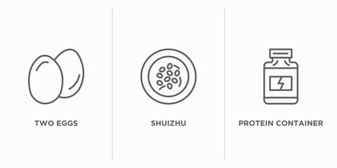 food outline icons set. thin line icons such as two eggs, shuizhu, protein container vector. linear icon sheet can be used web and mobile