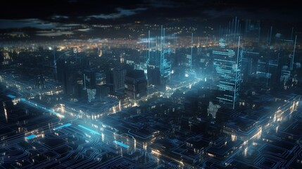 Smart city on circuit board background. Futuristic cyberspace concept. Generative Ai