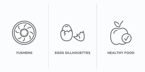 food outline icons set. thin line icons such as yusheng, eggs sillhouettes, healthy food vector. linear icon sheet can be used web and mobile