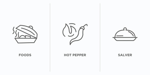 food outline icons set. thin line icons such as foods, hot pepper, salver vector. linear icon sheet can be used web and mobile